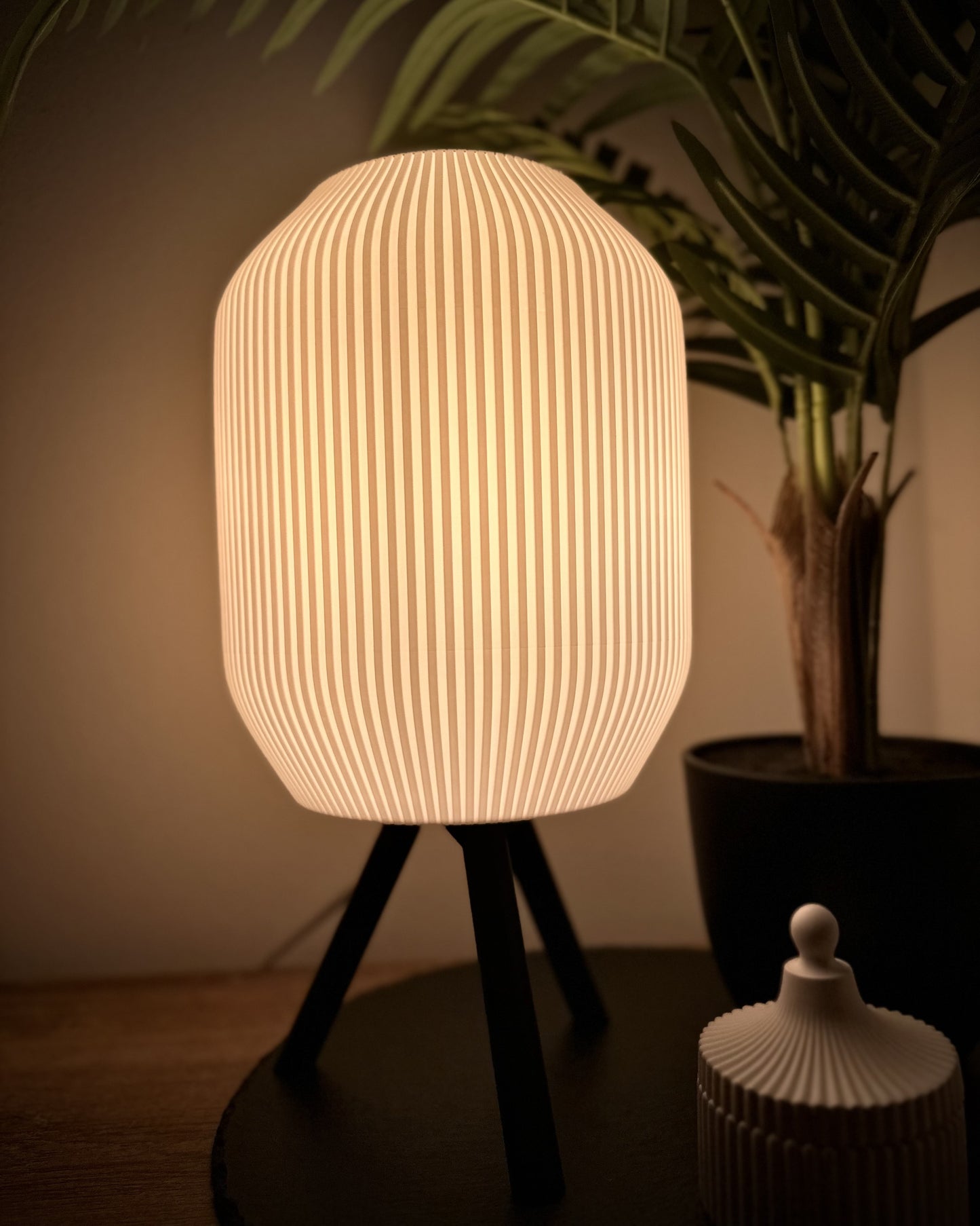 Minimalistische Tischlampe mit sanft gewelltem Schirm, dimmbar, warmweißes Licht, ergänzt durch Pflanzendeko